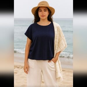 Eileen Fisher Navy Blue Hemp and Organic Cotton Tee Shirt Casual Lagenlook Beach